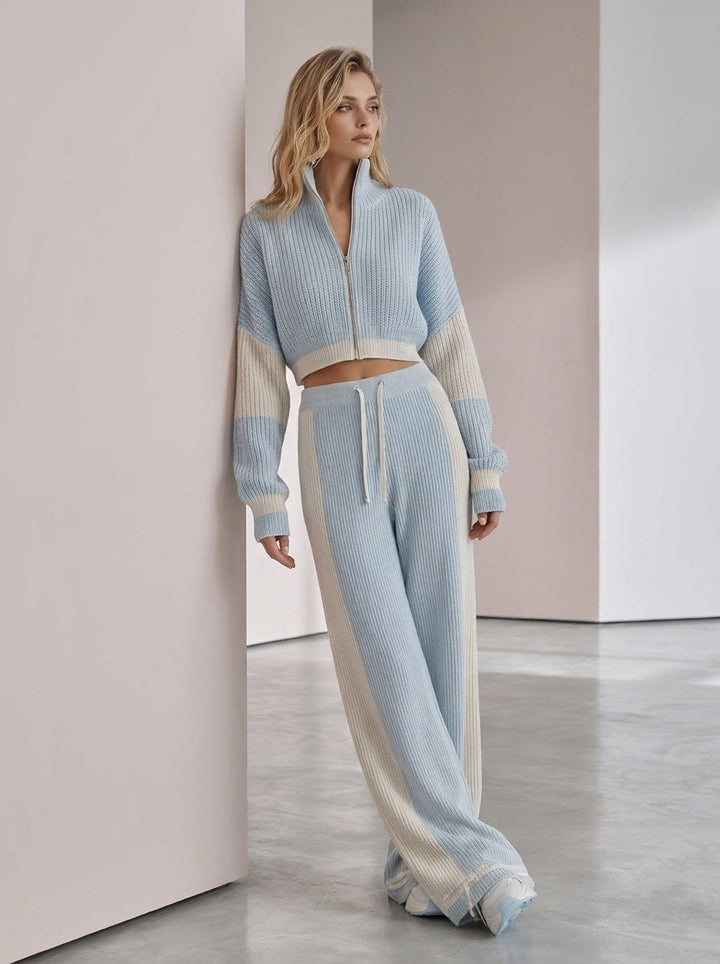 Light Blue Half-Zip Cropped Knit Cardigan & Wide-Leg Pants Set