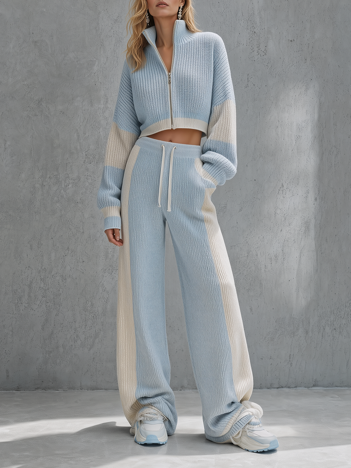 Light Blue Half-Zip Cropped Knit Cardigan & Wide-Leg Pants Set
