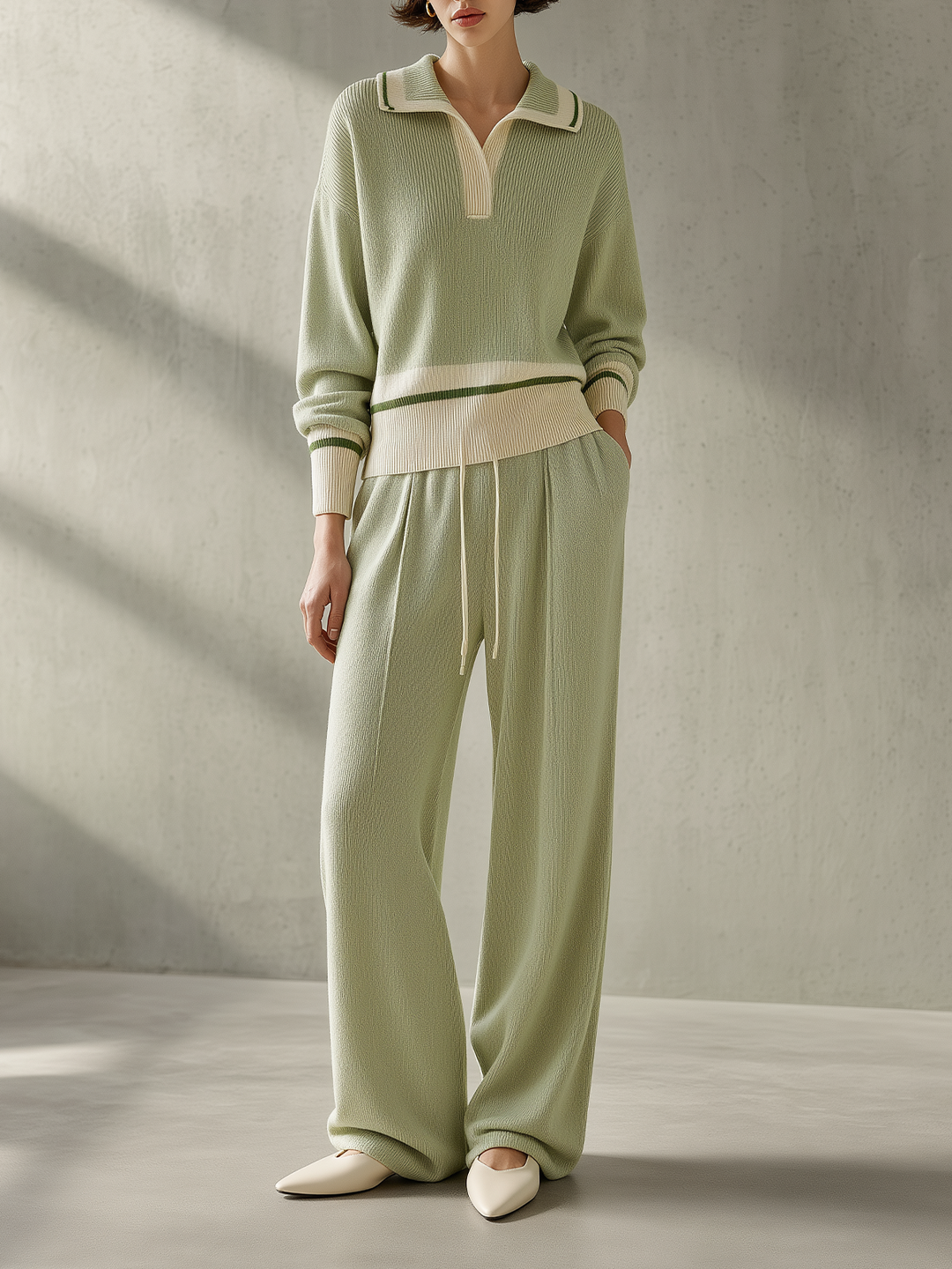 Sage Green Ribbed Polo Knit Top & Wide-Leg Pants Set