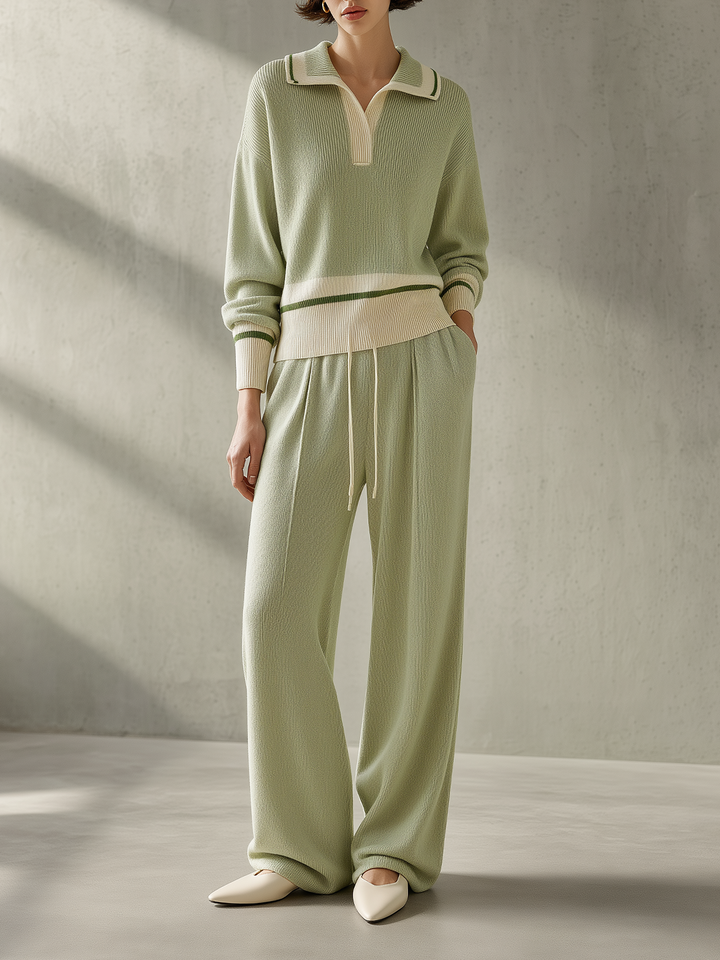 Sage Green Ribbed Polo Knit Top & Wide-Leg Pants Set