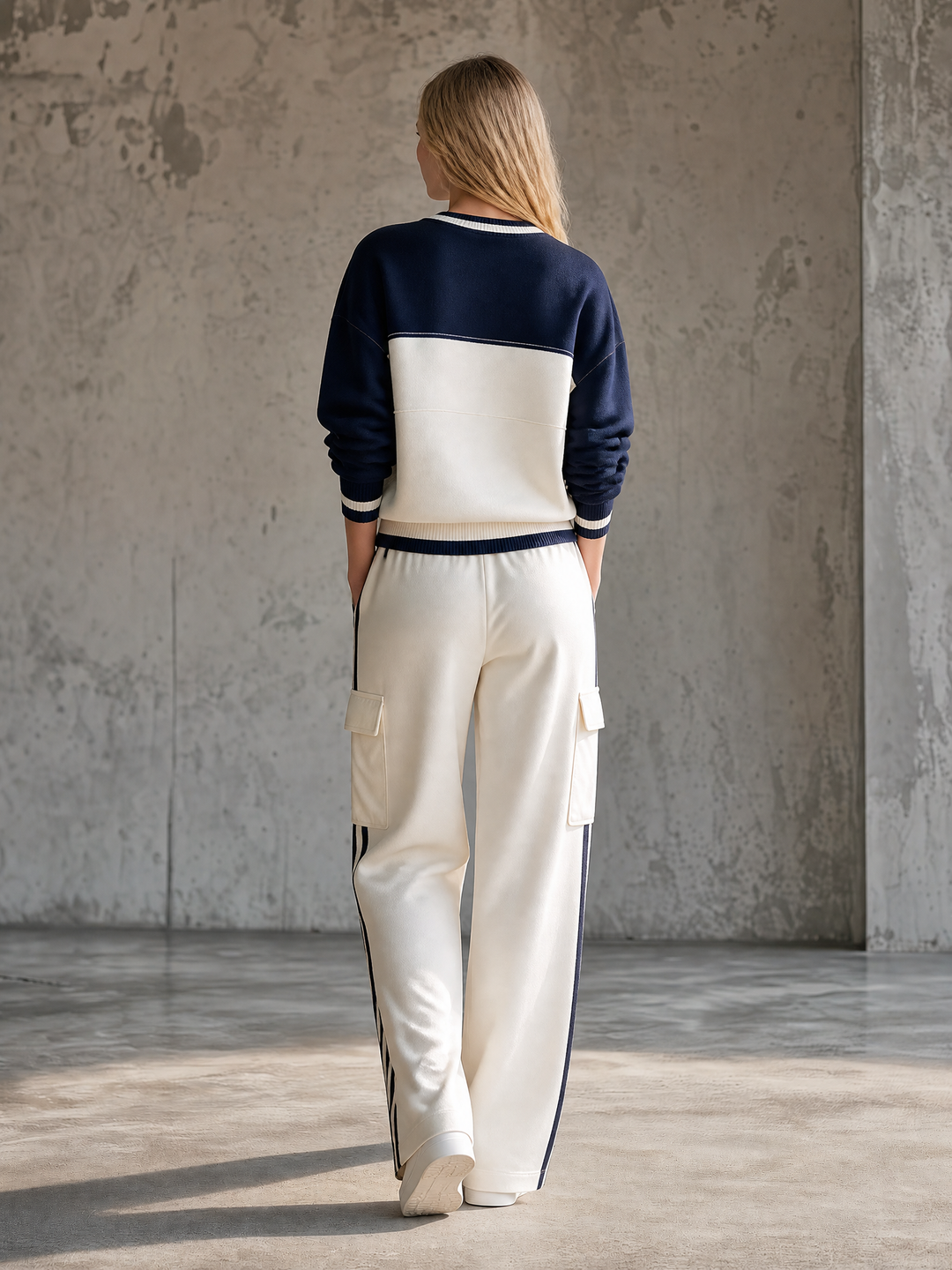 Navy Color-Block Sweatshirt & Cargo Wide-Leg Pants Set