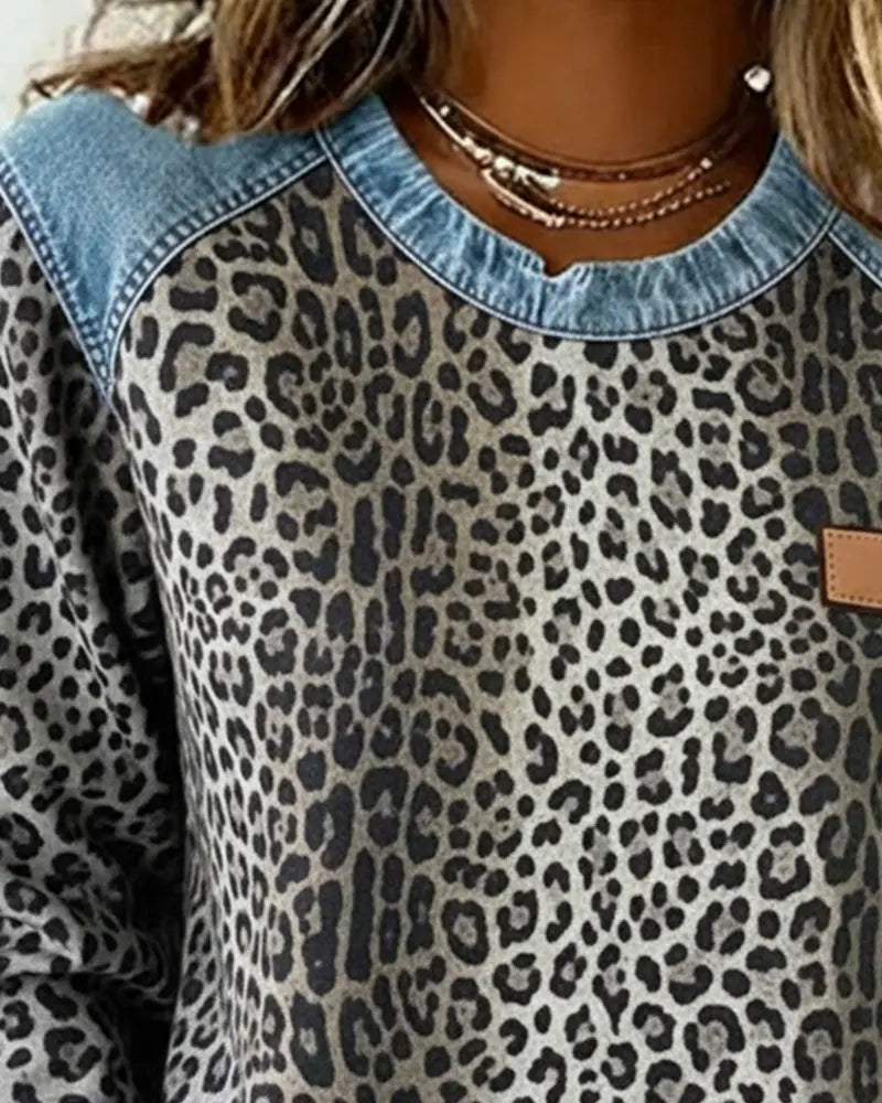 Leopard Print Patchwork Denim Jumper