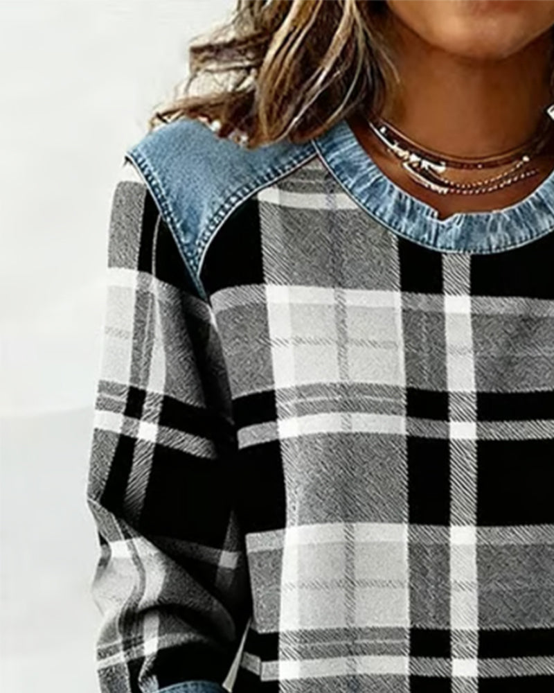 Nina | Fashionable Sweatshirt with Checkered Patchwork