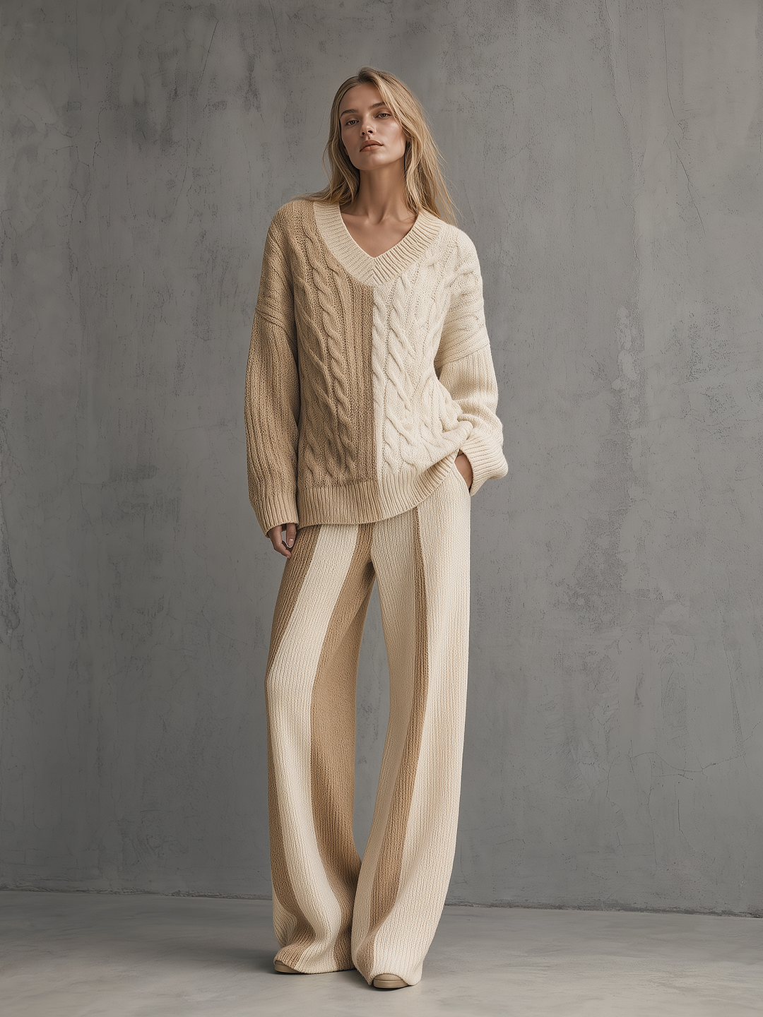 Cream Color-Block V-Neck Cable Knit Sweater & Wide-Leg Pants Set
