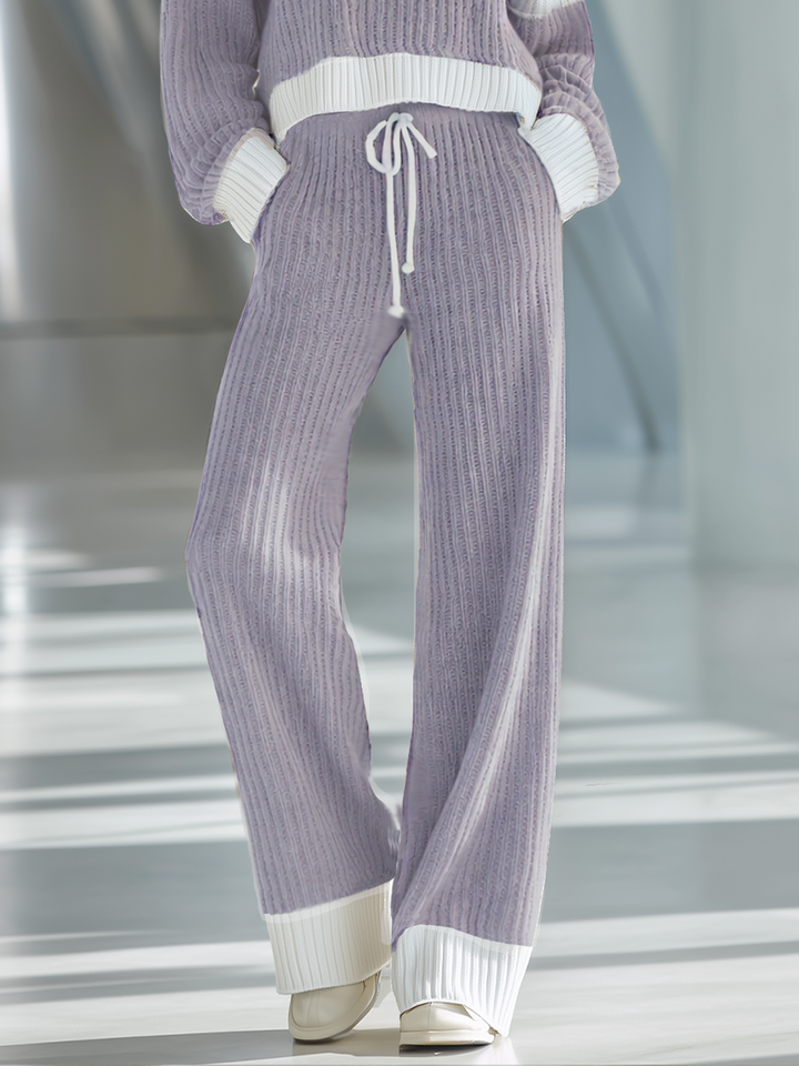 Women's Beige And White Striped Knitted Collared Half-zip Casual Set
