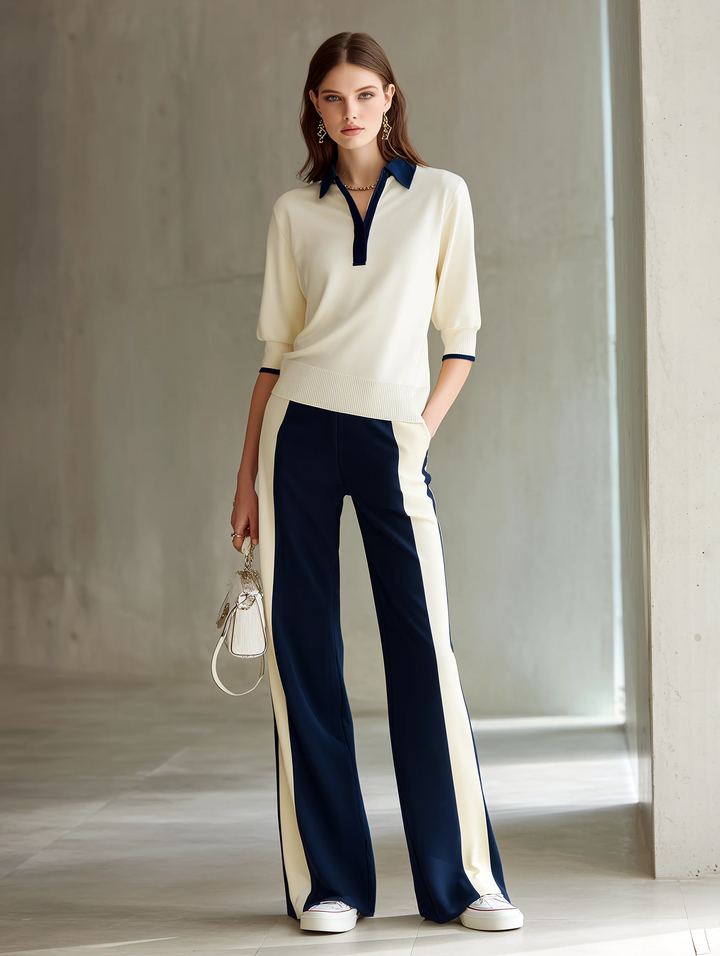Women's Off-white Polo Neck Knitted Top And Contrasting Wide-leg Pants Set