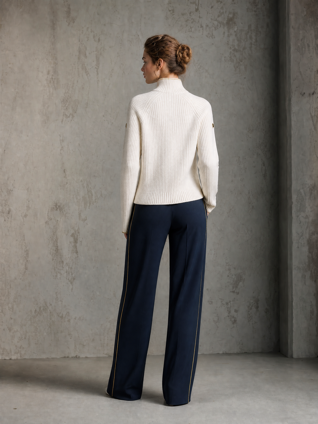 Ivory Frog-Button Knit Sweater & Navy Wide-Leg Trousers Set