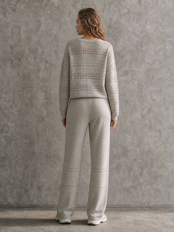 Oatmeal Pointelle Knit Sweater & Wide-Leg Pants Set
