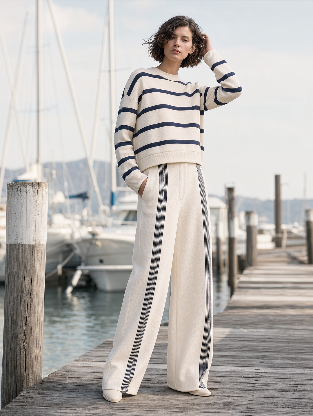 Breton Stripe Cream & Navy Knit Sweater & Wide-Leg Trousers Set