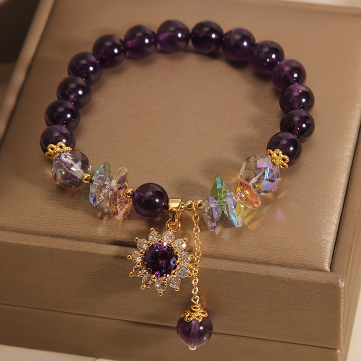 Winter | Purple Bead Bracelet with Sparkling Crystal Pendant