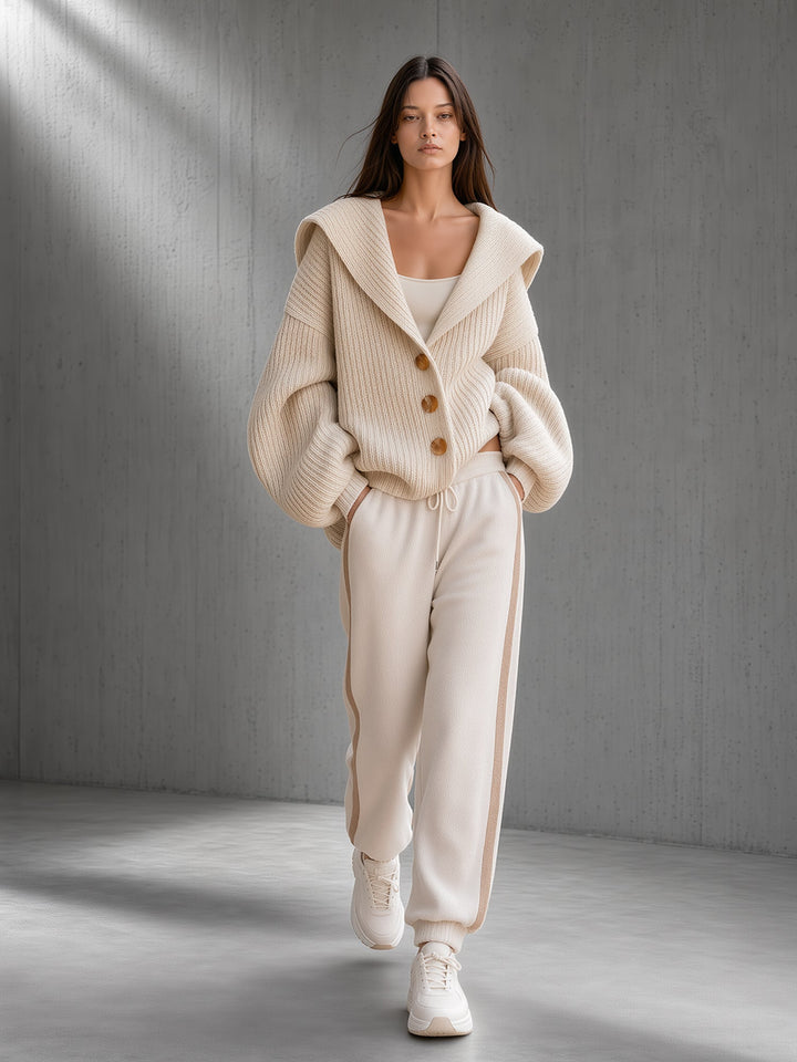 Cream Shawl-Collar Knit Cardigan & Side-Stripe Jogger Pants Set