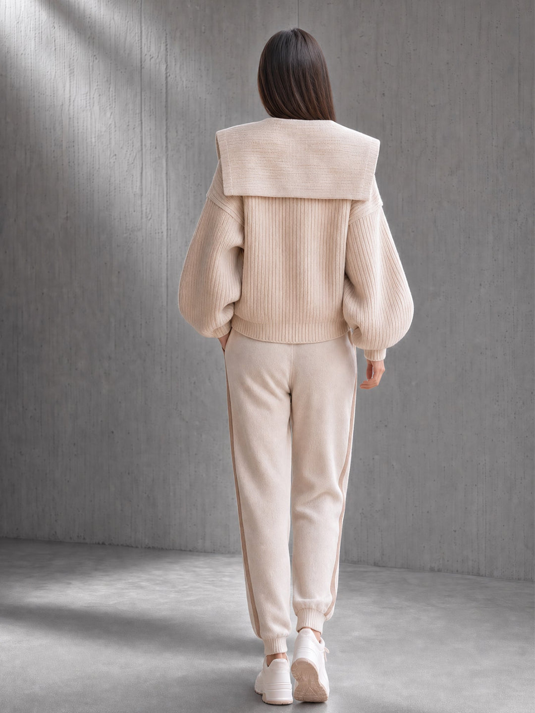 Cream Shawl-Collar Knit Cardigan & Side-Stripe Jogger Pants Set