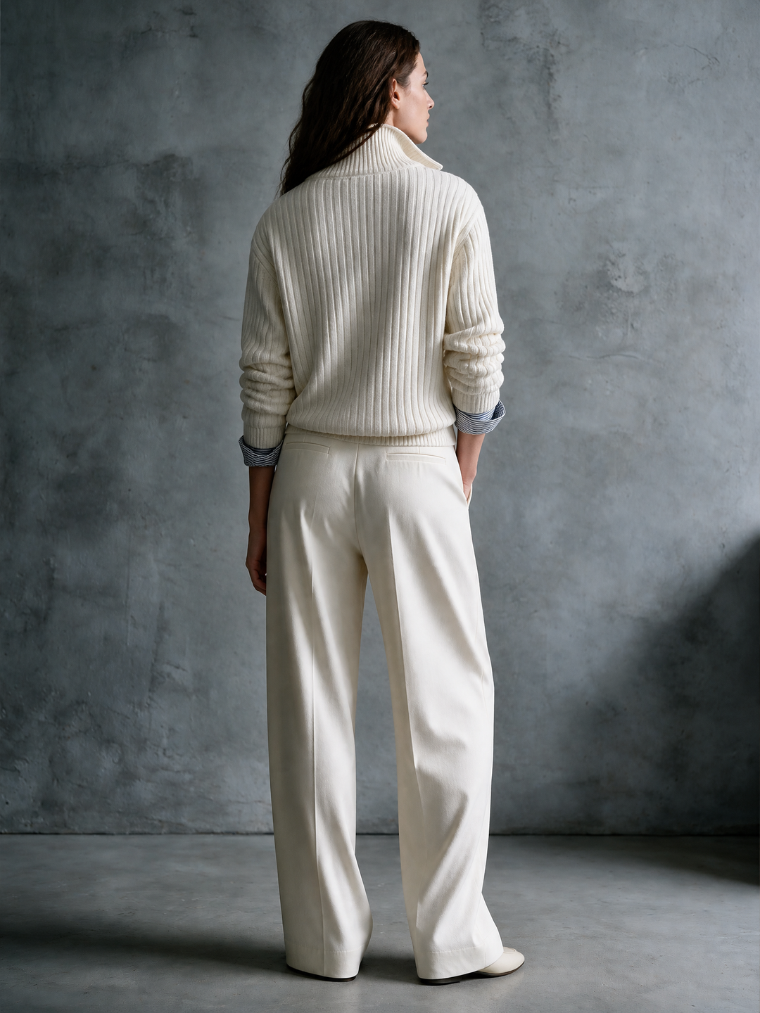 Cream Ribbed Half-Zip Sweater & Wide-Leg Trousers Set
