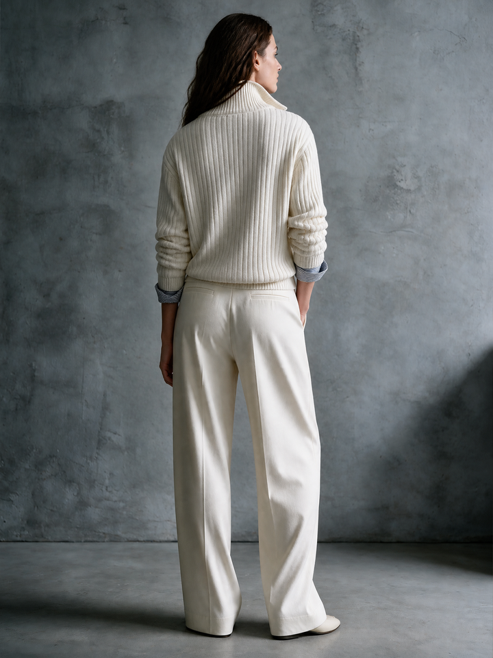 Cream Ribbed Half-Zip Sweater & Wide-Leg Trousers Set