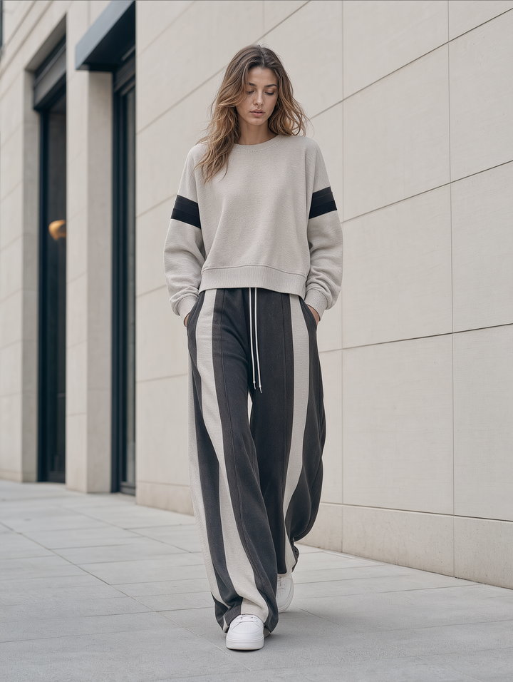 Oatmeal Varsity-Stripe Sweatshirt & Color-Block Wide-Leg Pants Set