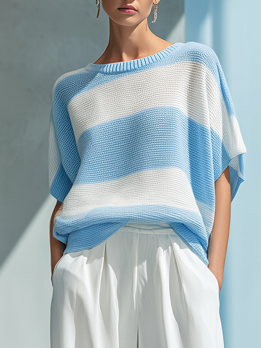 Women's Fashionable Casual Blue And White Striped Short-sleeved Knit Top And Pants Set