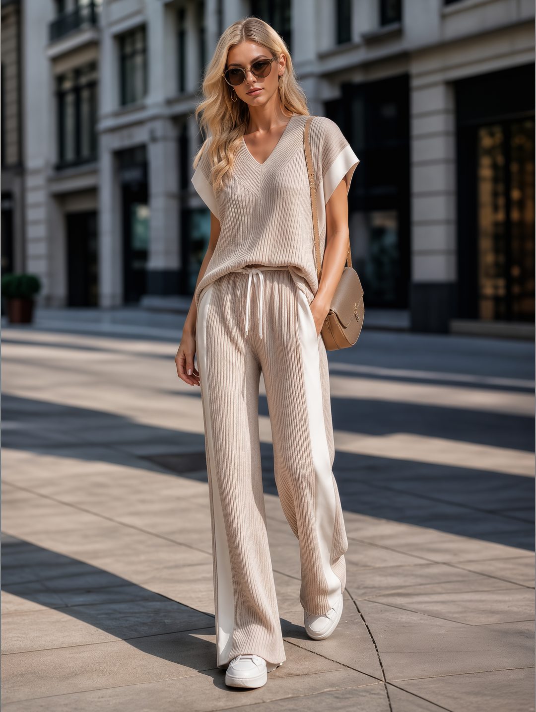 Women's Stylish And Lightweight Beige Knitted V-neck Top And Trousers Set
