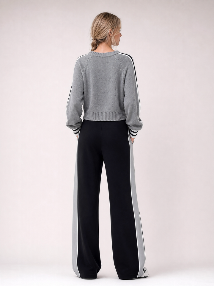 Grey Cable-knit Sweater And Striped Wide-leg Trousers Set