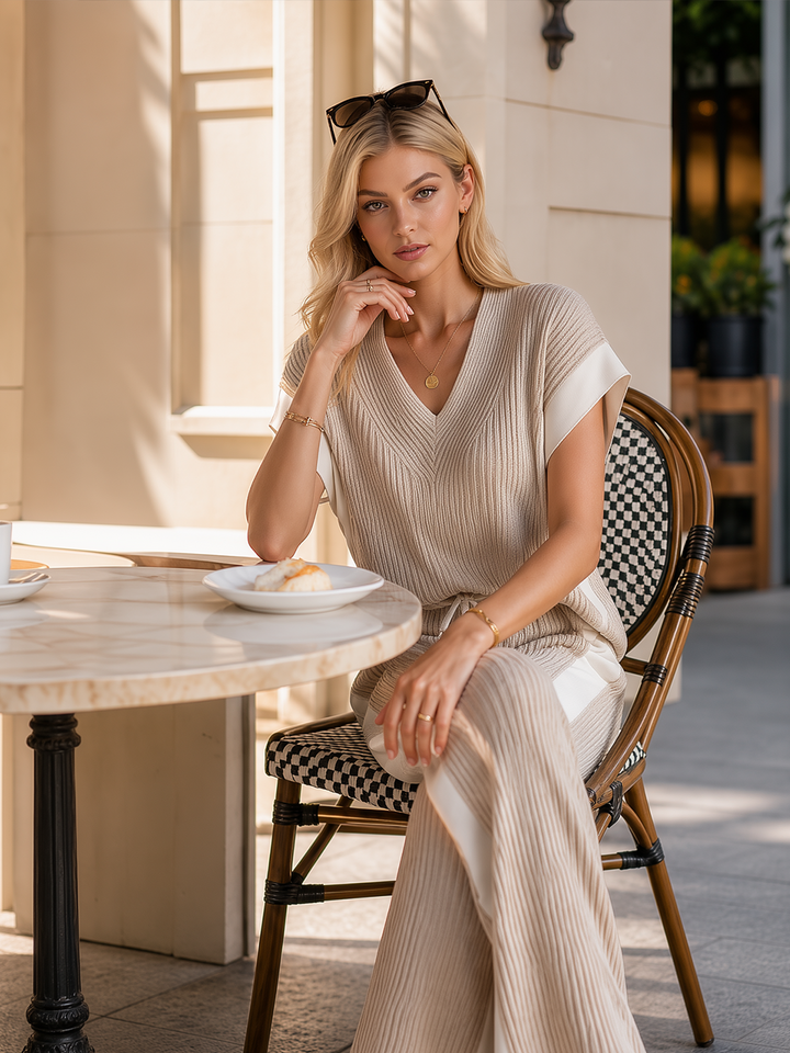 Women's Stylish And Lightweight Beige Knitted V-neck Top And Trousers Set