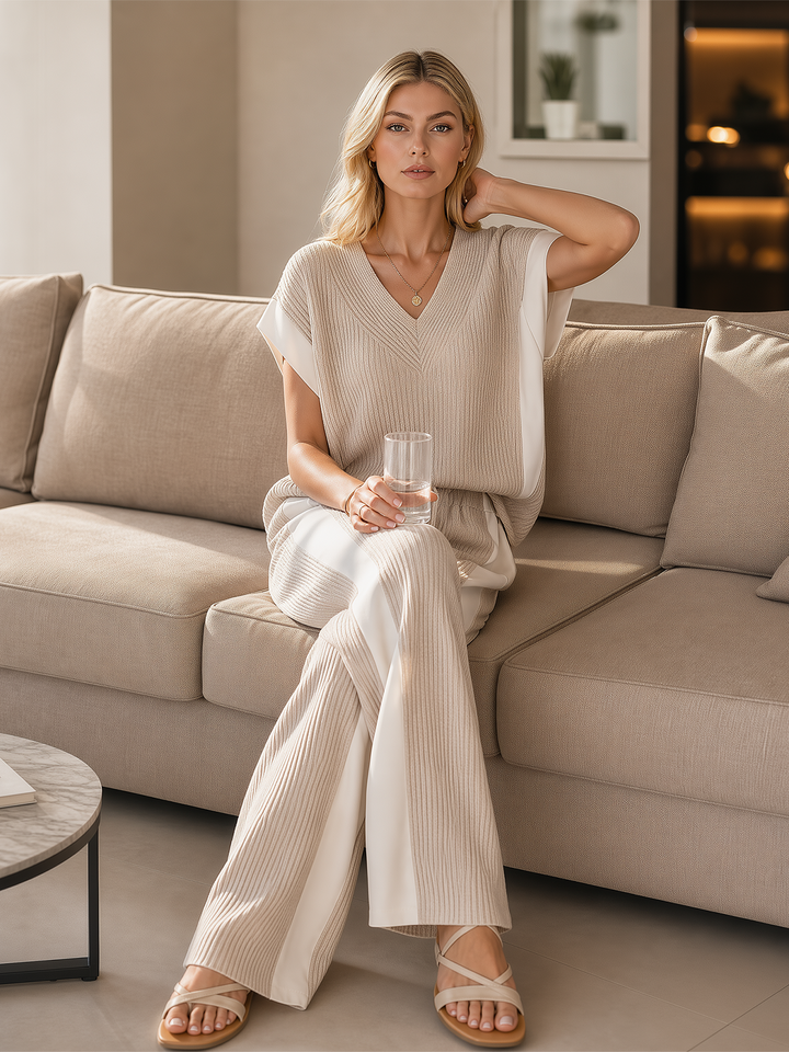 Women's Stylish And Lightweight Beige Knitted V-neck Top And Trousers Set