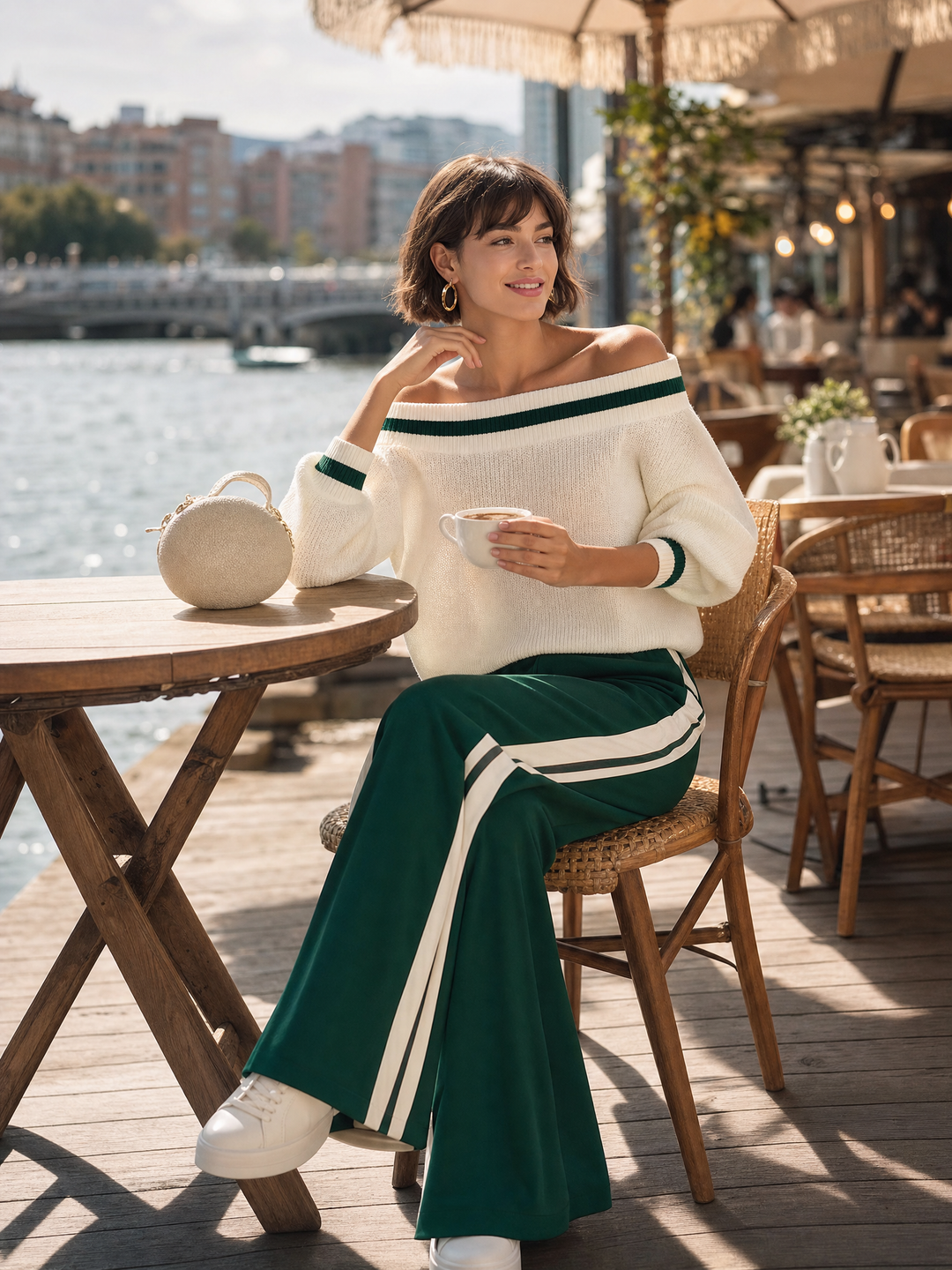 Women's Versatile Color-block Off-the-shoulder Knit Top And Wide-leg Pants Set