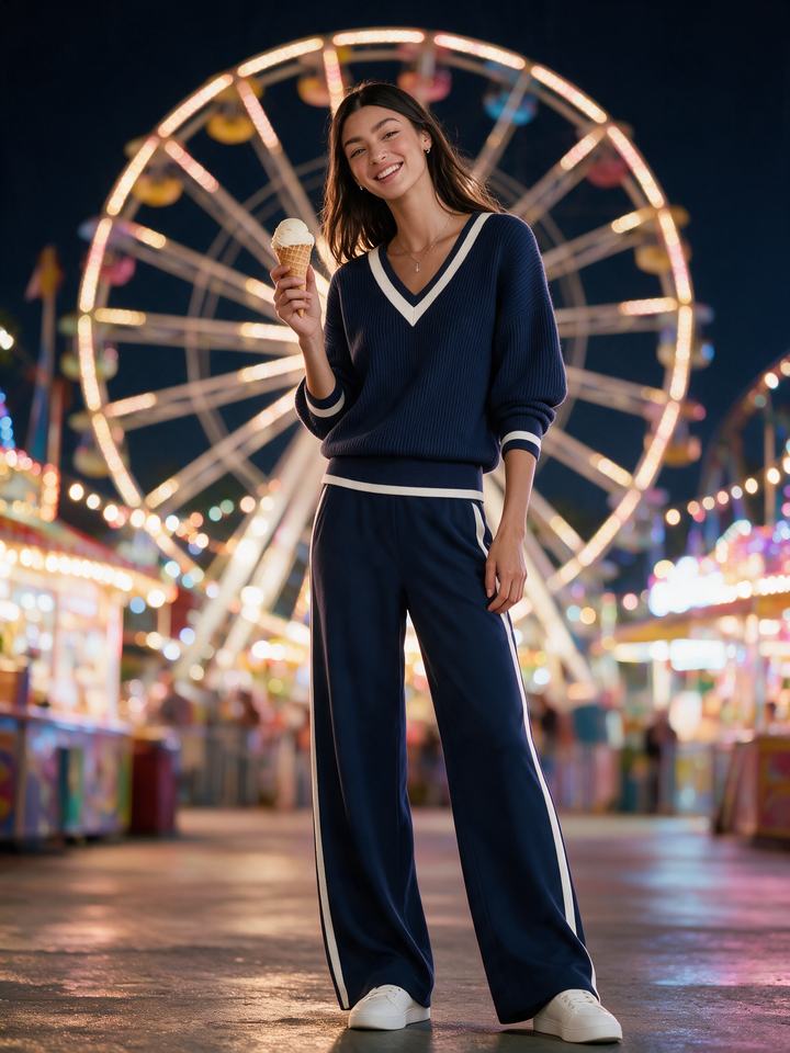 Off-white lightweight sweater and wide-leg trousers set