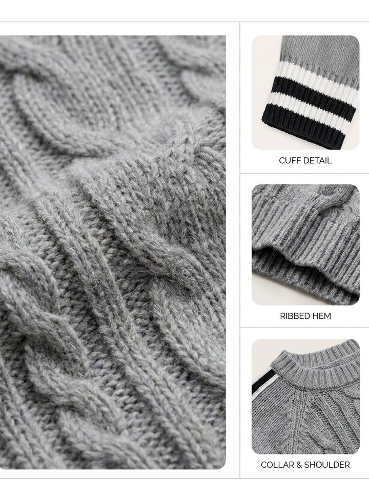 Grey Cable-knit Sweater And Striped Wide-leg Trousers Set