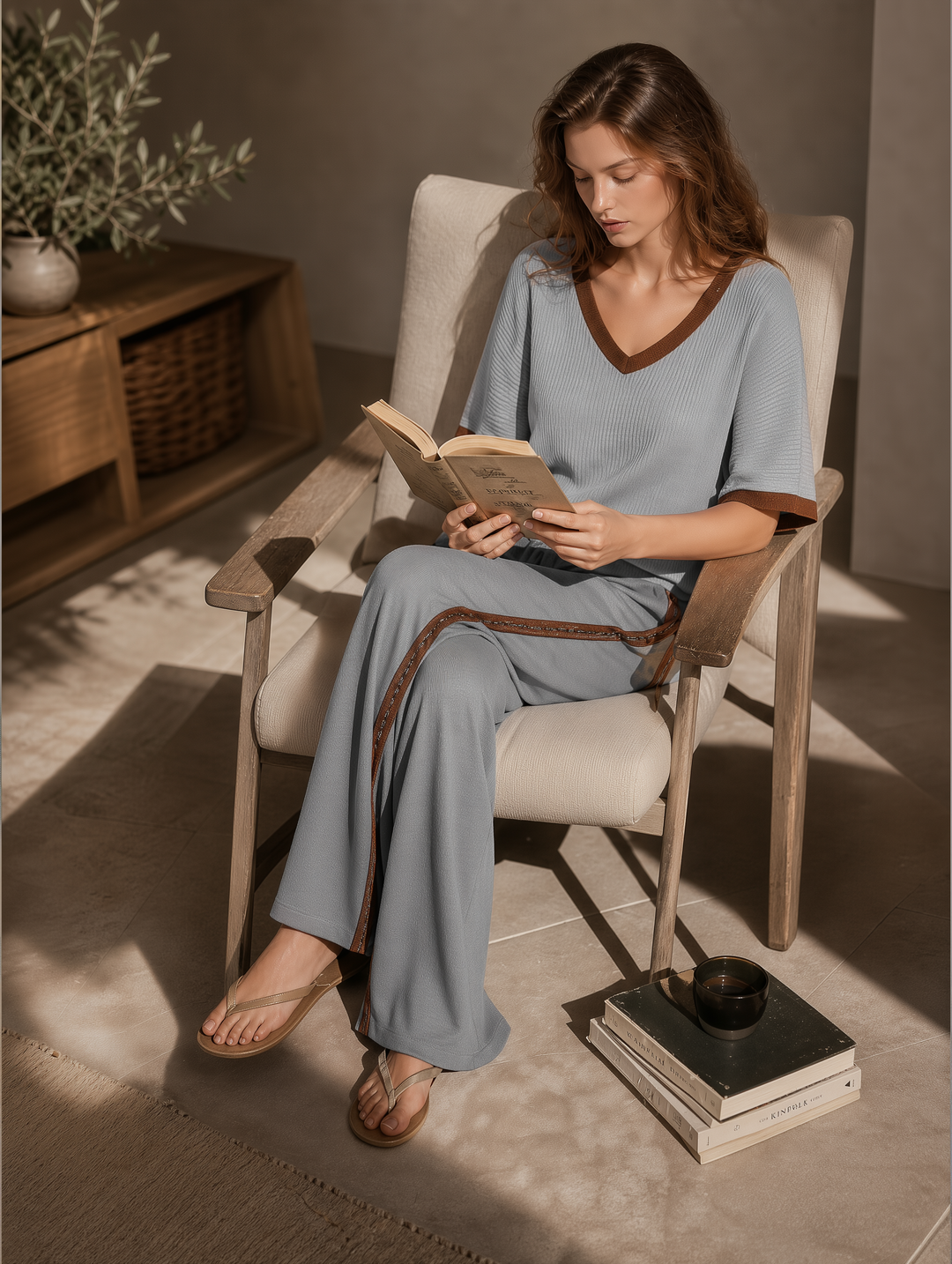 Women's Fashionable Casual Grey Color-block V-neck Short-sleeved Top And Trousers Set