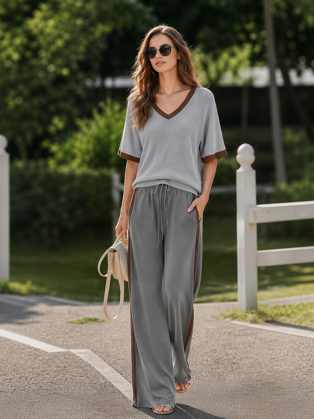 Women's Fashionable Casual Grey Color-block V-neck Short-sleeved Top And Trousers Set