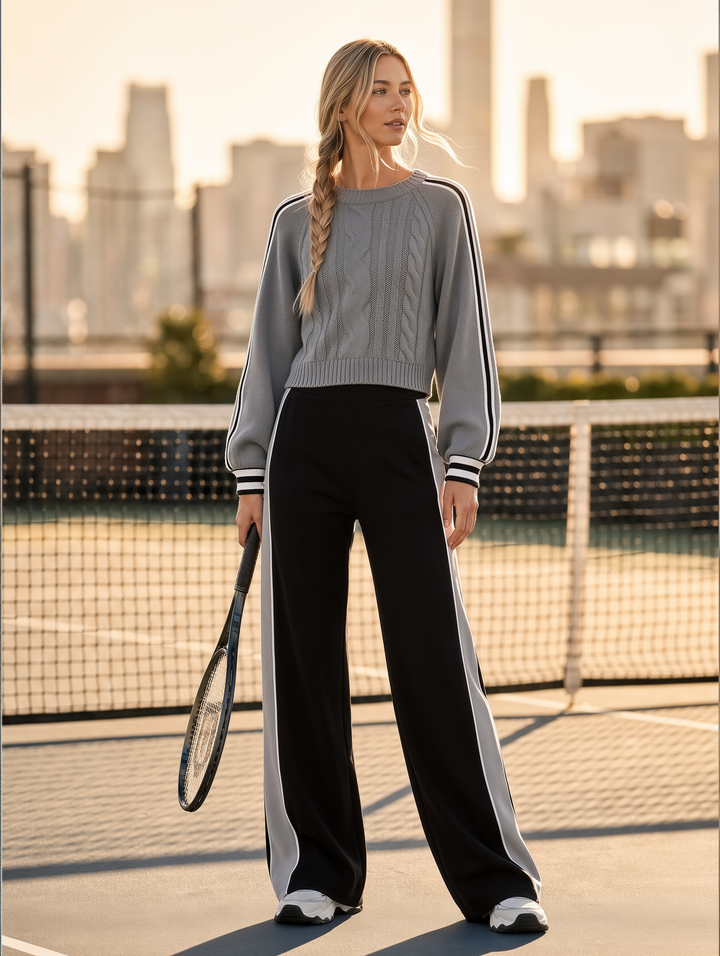 Grey Cable-knit Sweater And Striped Wide-leg Trousers Set