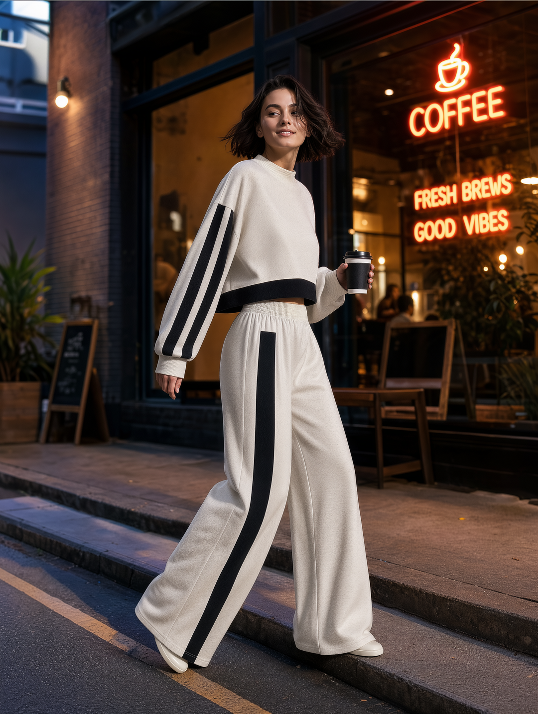 Ecru & Black Cropped Sweatshirt And Wide-Leg Pants Set