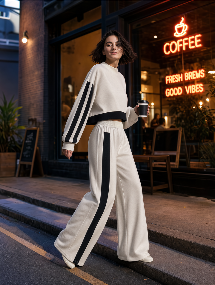 Ecru & Black Cropped Sweatshirt And Wide-Leg Pants Set