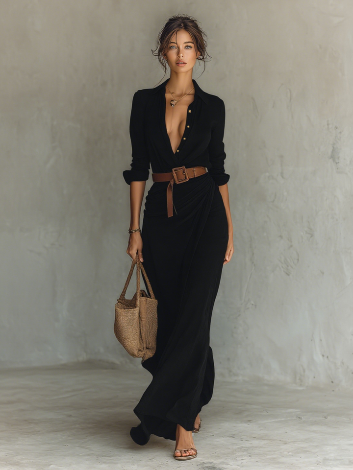 Sandra - Belted Shirt Maxi Dress