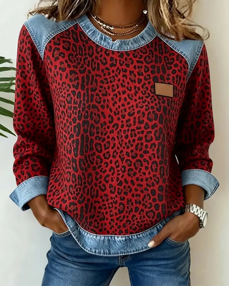 Leopard Print Patchwork Denim Jumper