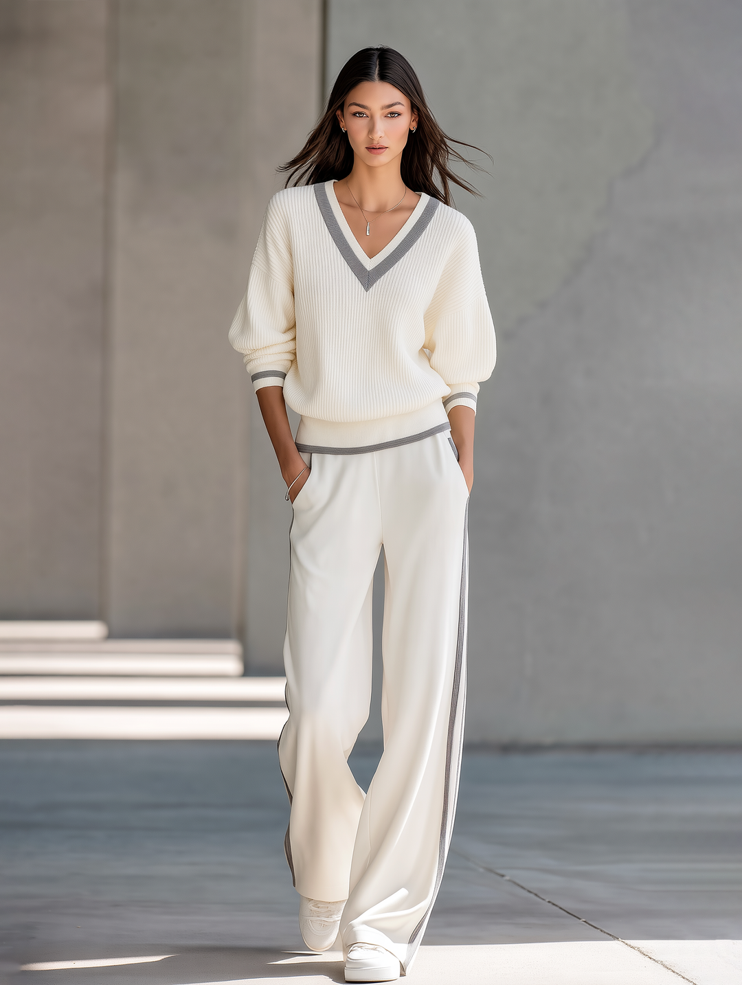 Off-white lightweight sweater and wide-leg trousers set