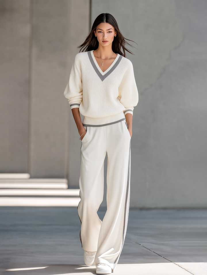 Off-white lightweight sweater and wide-leg trousers set