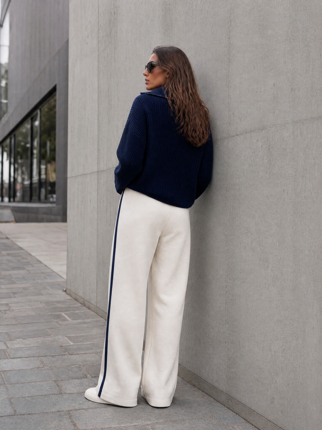 Navy Half-Zip Knit Sweater & Cream Side-Stripe Wide-Leg Pants Set