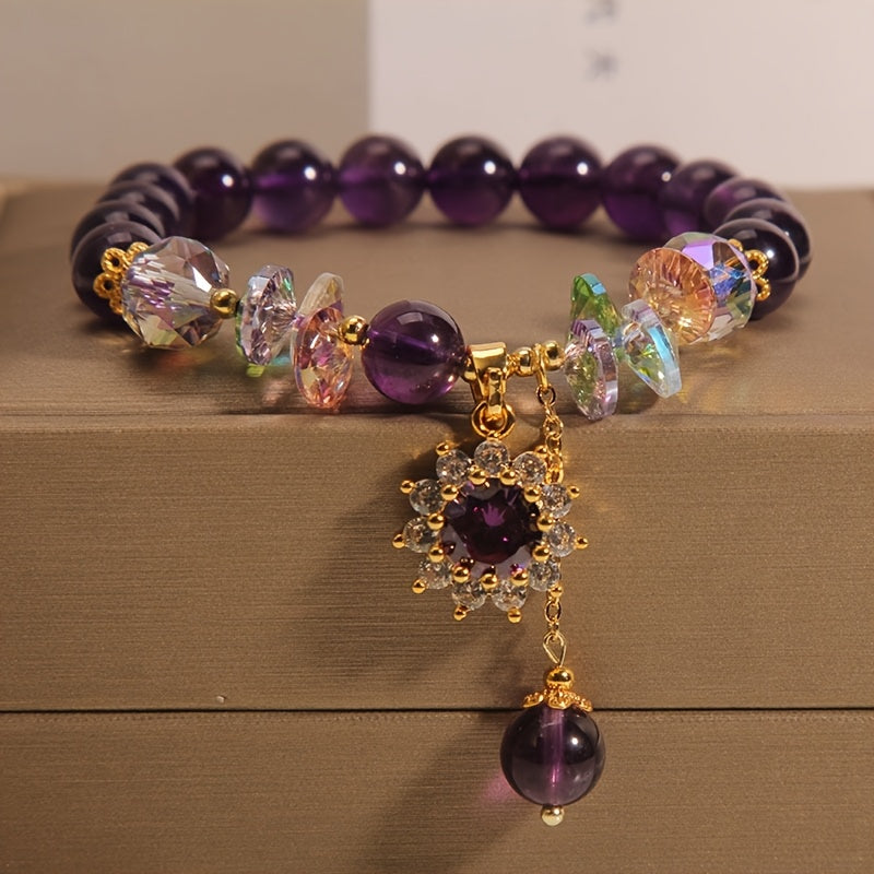 Winter | Purple Bead Bracelet with Sparkling Crystal Pendant
