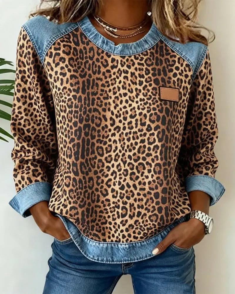 Leopard Print Patchwork Denim Jumper