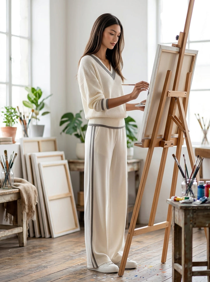 Off-white lightweight sweater and wide-leg trousers set