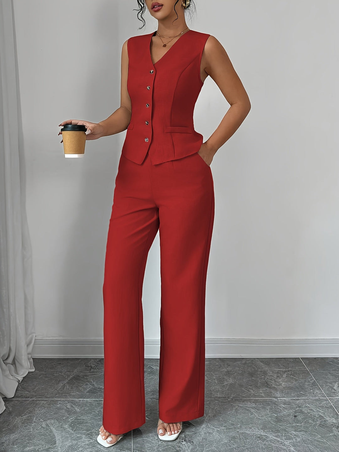 Malia |Elegant Vest with V-Neck and Straight Pants Set