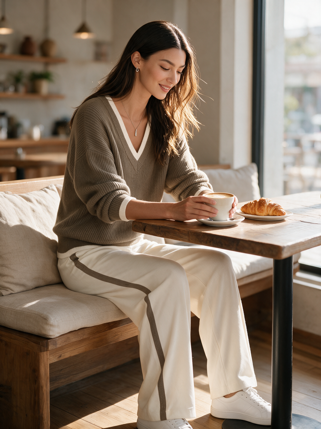 Off-white lightweight sweater and wide-leg trousers set