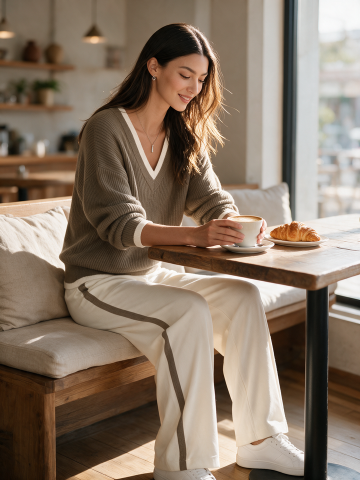 Off-white lightweight sweater and wide-leg trousers set