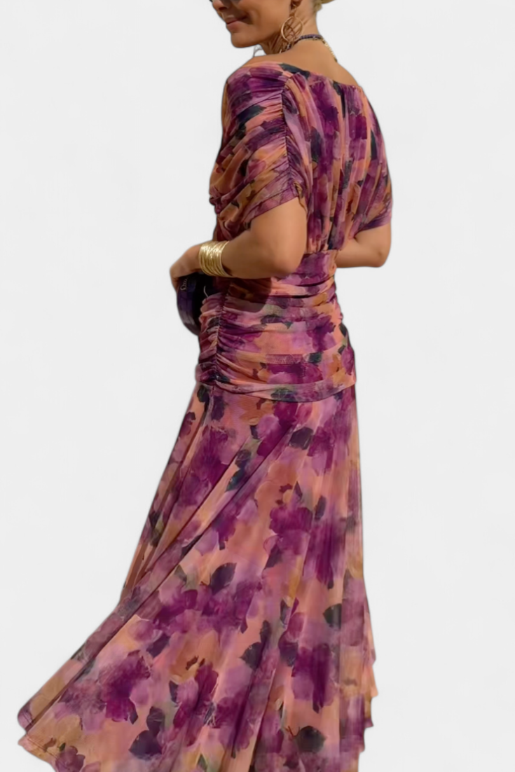 Alondra – Women’s long dress with a floral print and a V-neck