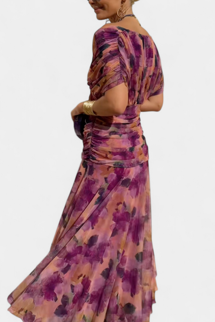 Alondra – Women’s long dress with a floral print and a V-neck