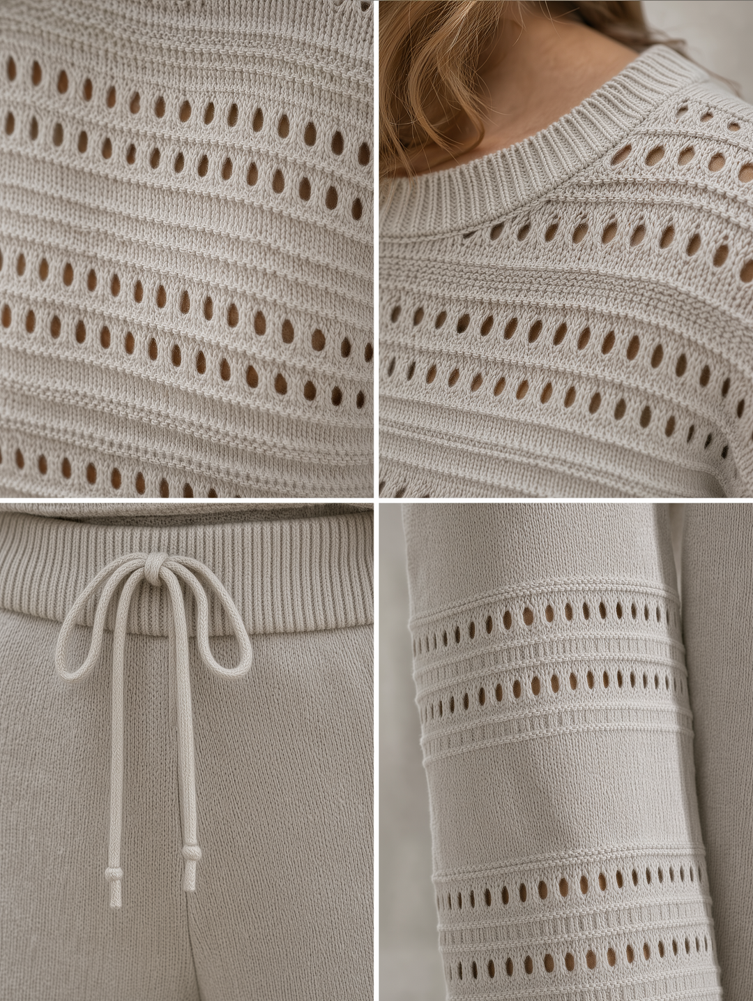 Oatmeal Pointelle Knit Sweater & Wide-Leg Pants Set