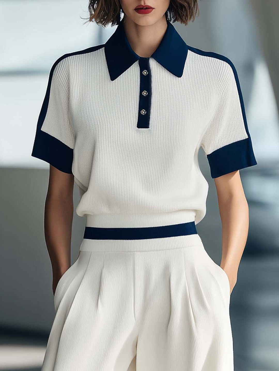 Women's Fashionable Casual Style White Short-sleeved Collared Top And Trousers Set