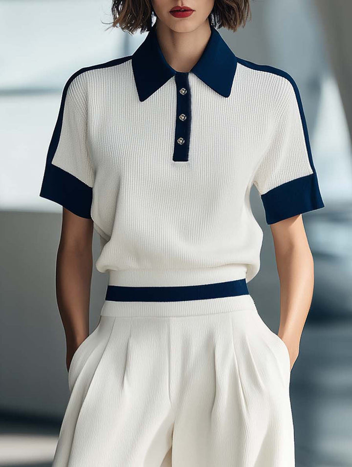 Women's Fashionable Casual Style White Short-sleeved Collared Top And Trousers Set