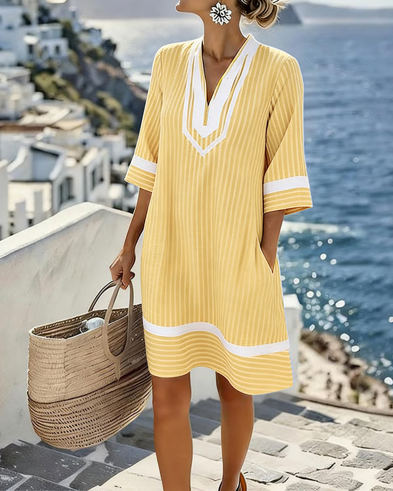 Fifer™ Short Sleeve Striped Dress with V-Neck