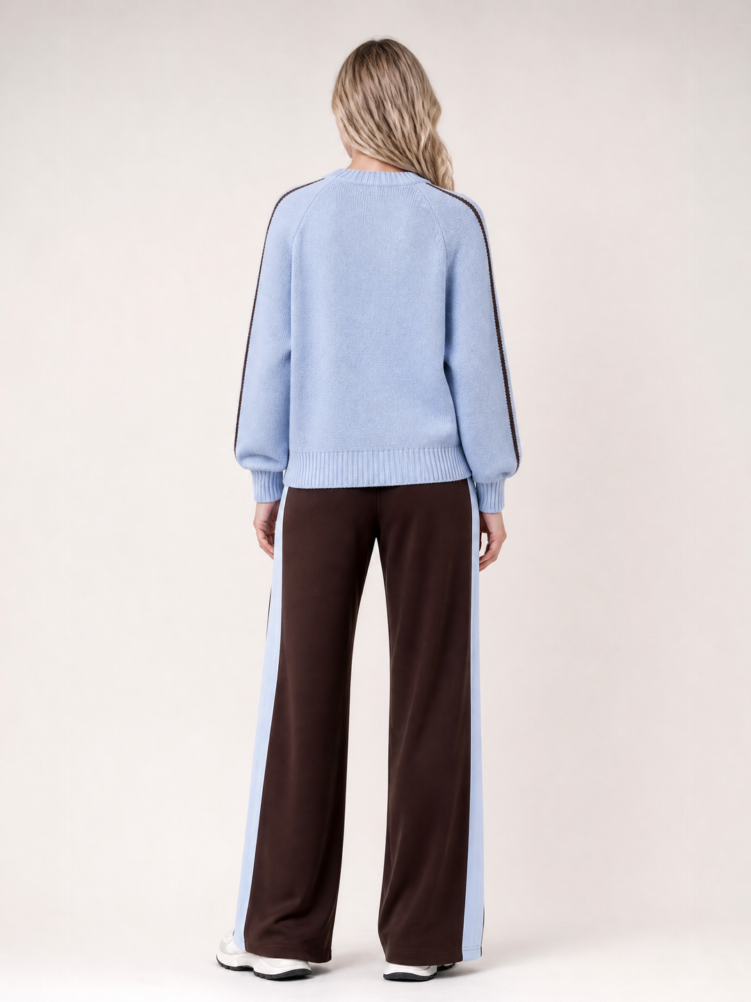 Light Blue Cable Knit Sweater & Brown Wide Leg Pants 2 Piece Set